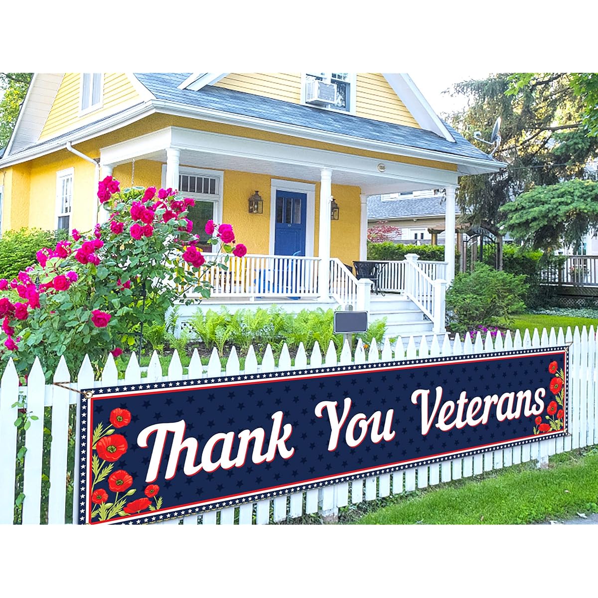 Thank You Veterans Fence Banner Memorial Day American Patriotic Holiday Party Photo Booth Backdrop Outdoor Decor