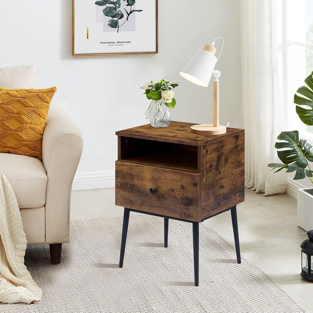 VECELO Side Table, Night Table, Bedside Table, Antique Brown, Width 40 x Depth 35 x Height 55 cm, With Drawer, Storage Shelf, Next to Bed, Next to Sofa, Stylish [Regularly Imported from Japan]