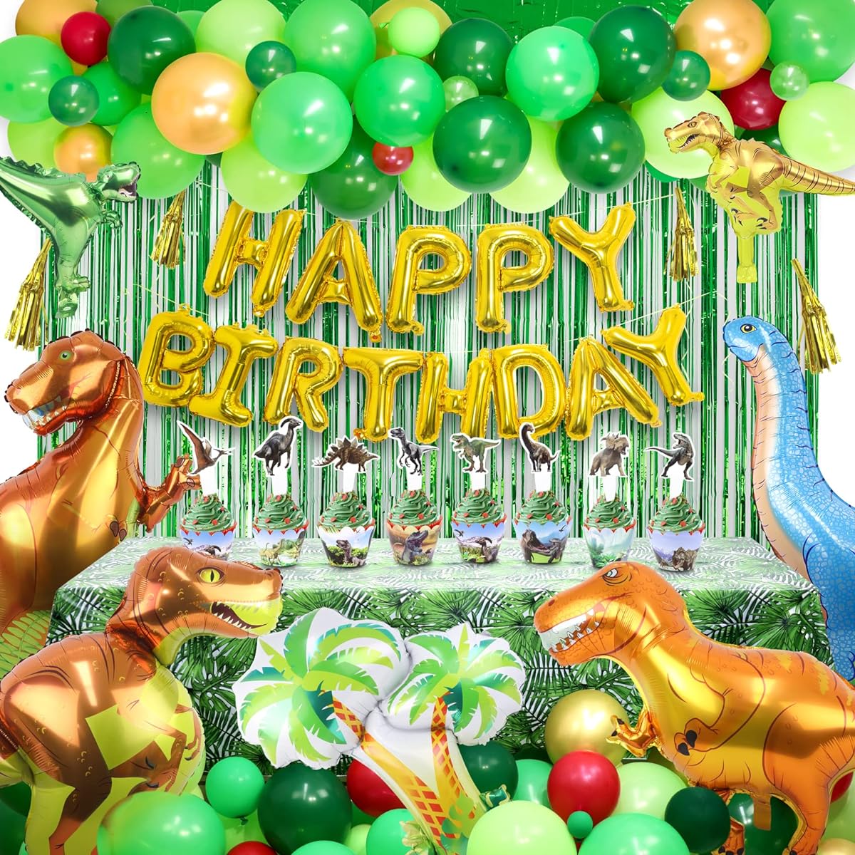 170pcs+ Dinosaur Birthday Party Decorations with Dinosaur Balloons, Happy Birthday Balloons Curtains Tablecloth Stickers Dinosaur Theme Party Kids Girls Boys Baby Shower Celebration