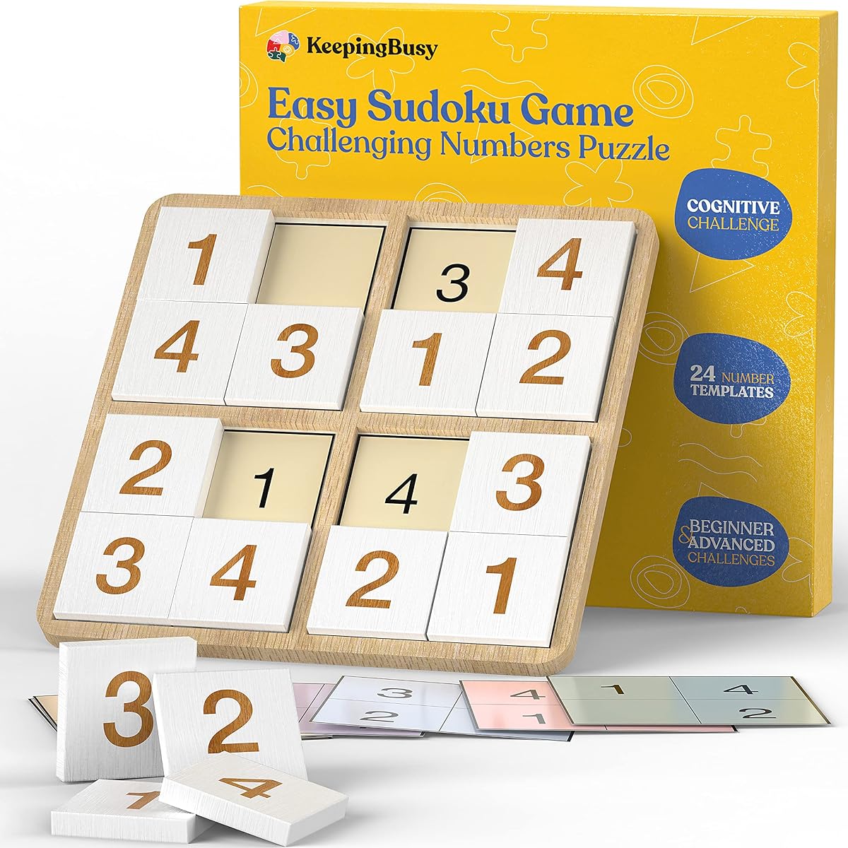 Keeping Busy Wooden Sudoku Board Game - Dementia Activities for Seniors - Easy Sudoku Puzzles for Adults - Large Pieces with Templates - Alzheimer's Products - Cognitive Games for Seniors - 3D Sudoku