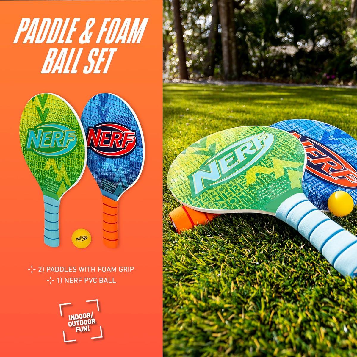 NERF Paddle Ball Set - Fun Paddle Ball Beach Game for Adults + Kids - Fun Outdoor Pool + Beach Water Sports Game - 2 Wooden Paddles + 1 NERF Paddle Ball - NERF Paddle Ball Game Complete Set