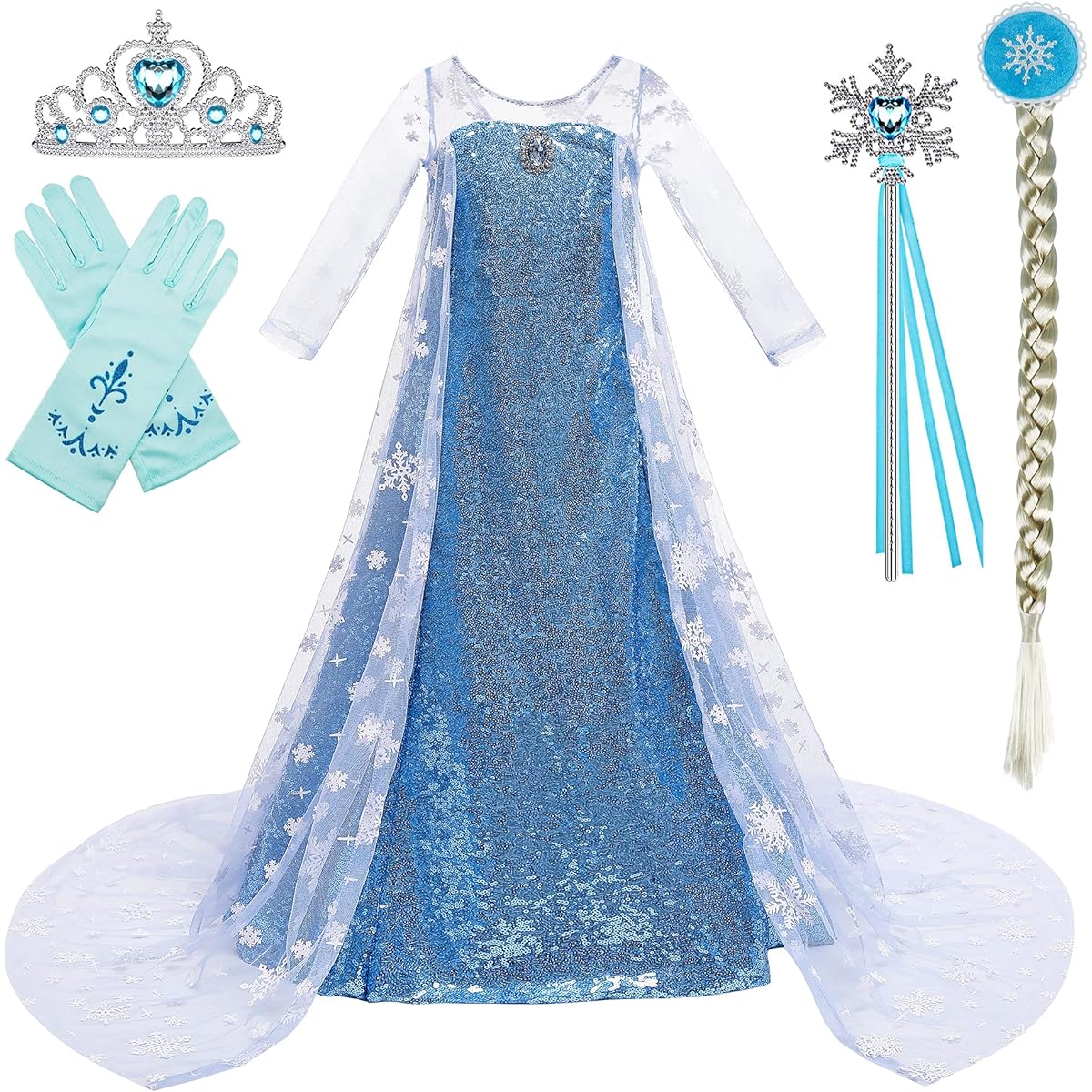 [Heywood] Princess Costume with Long Cape for Birthday Party with Crown, Magic Wand, Wig, Gloves for Little Girls Age 7-8 (140cm, K32)