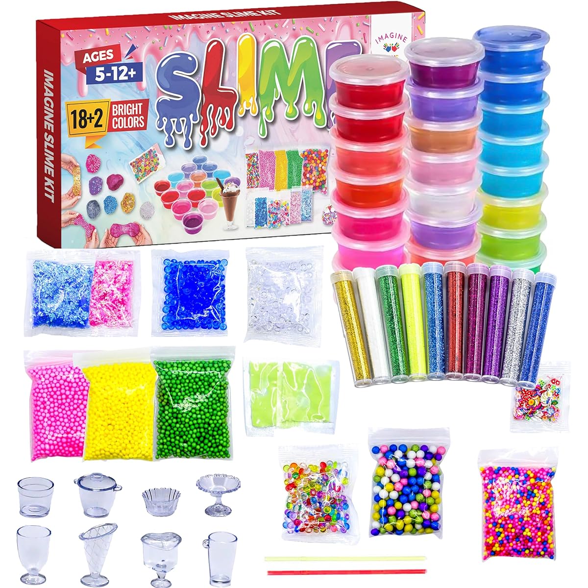 Imagine Slime Kit 18+2 Colors with 50 Slime Products Including Glow in the Dark Powder, Glitter, Foam Beads, Fishbowl Beads and More for Ages 5-12+