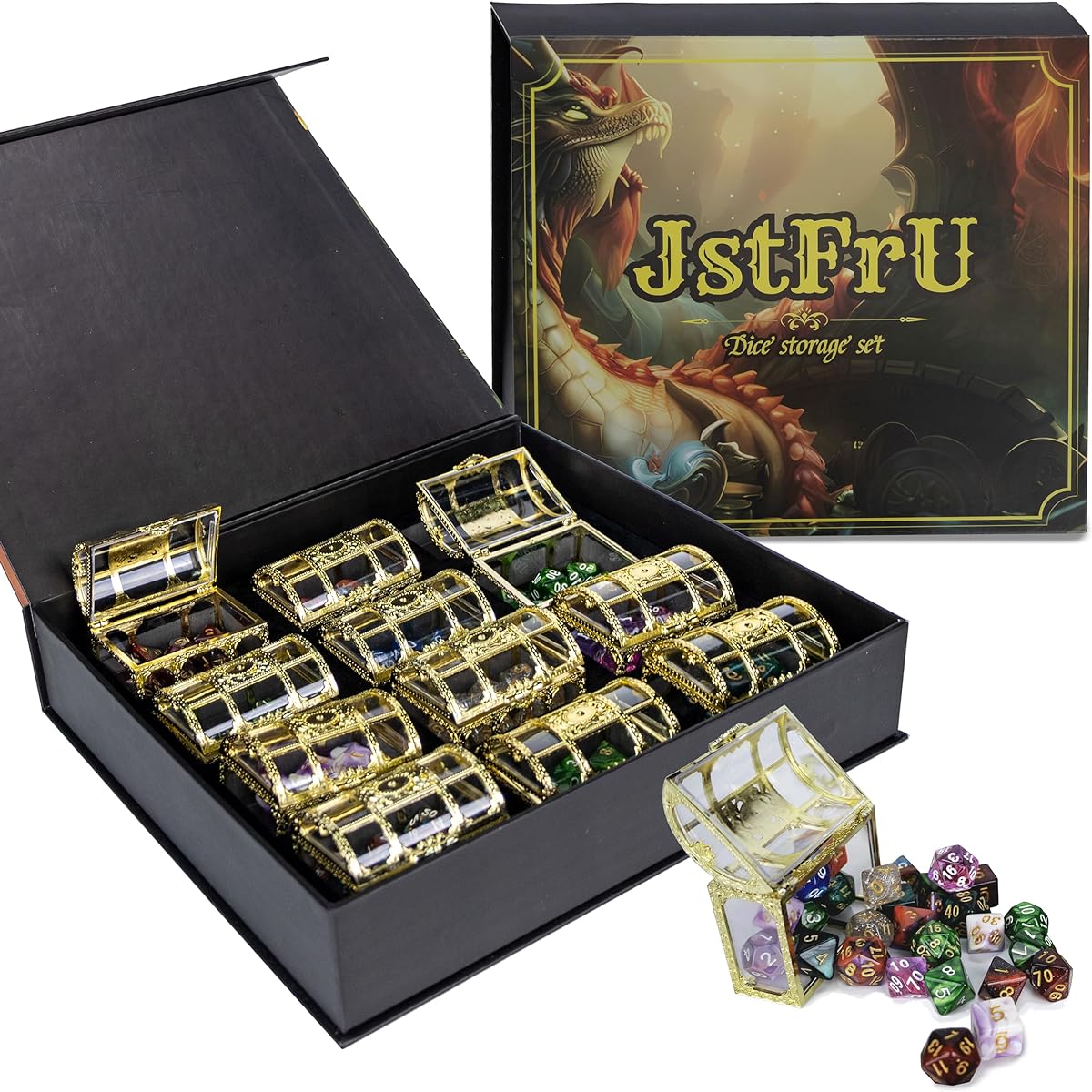 JstFrU DND Dice Storage Box RPG D&D 12 Set Polyhedral Dice Individual Box Perfect Gift for Dungeons & Dragons Players Board Game Game Accessories with 84 Dice