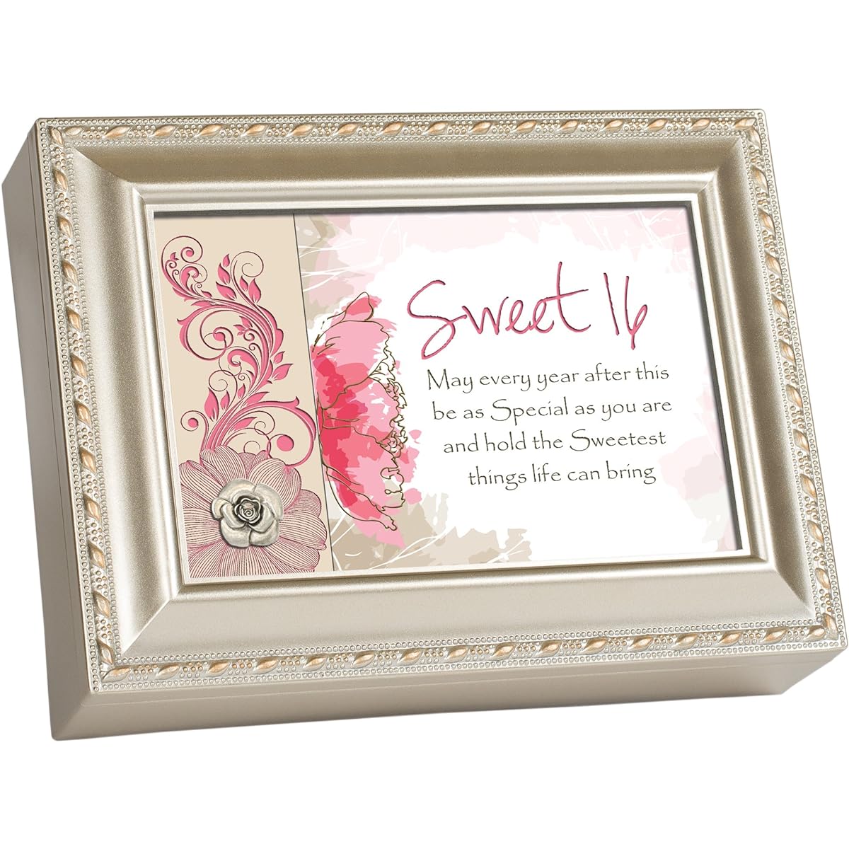 Sweet Sixteen Pink Floral Champagne Silver Finish Music Jewelry Box Plays You Light Up My Life
