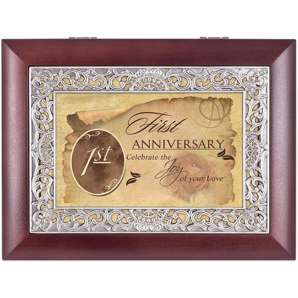 First Anniversary Rosewood Finish with Silver Inlay Music Jewelry Box - Plays Tune Wonderful World