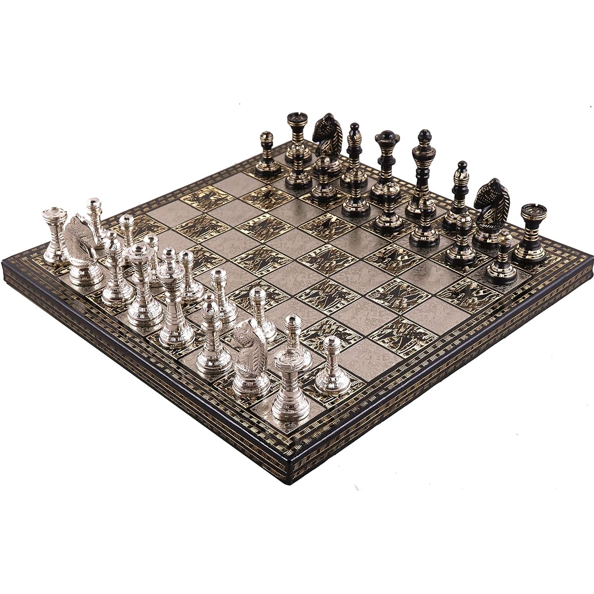 RoyalChessMall - Staunton Style Brass Metal Luxury Chess Pieces & Board Set - 12-Silver & Black