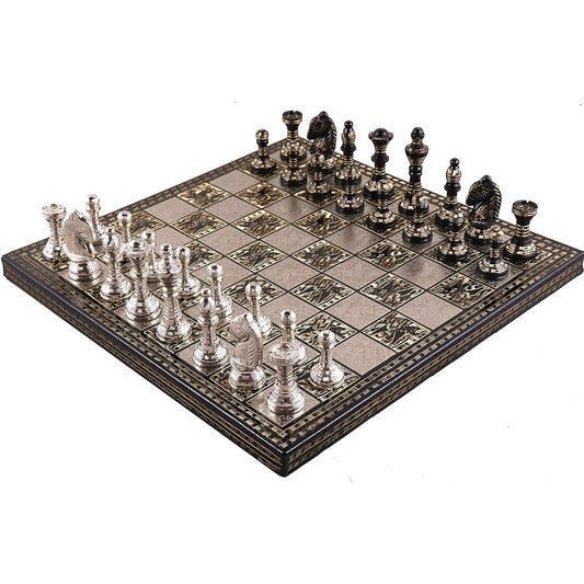RoyalChessMall - Staunton Style Brass Metal Luxury Chess Pieces & Board Set - 12-Silver & Black