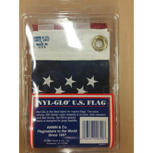 Annin Flagmakers 002600WE 12 in. X 18 in. Nyl-Glo U.S. Flag with Embroidered Stars and Sewn Stripes for Boaters.