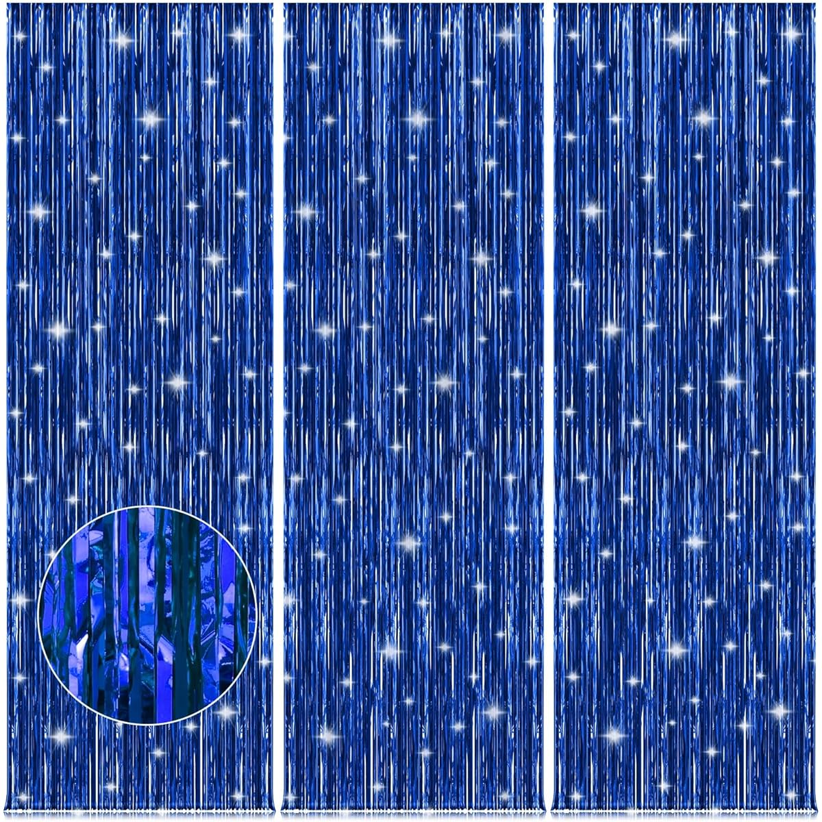 ACCEVO 3 Pack Dark Blue Party Streamers 3.2ft x 8.2ft Foil Fringe Curtains Metallic Photo Booth for Birthday Wedding Baby Shower Underwater Ocean Party Decorations Tinsel Curtain for Parties