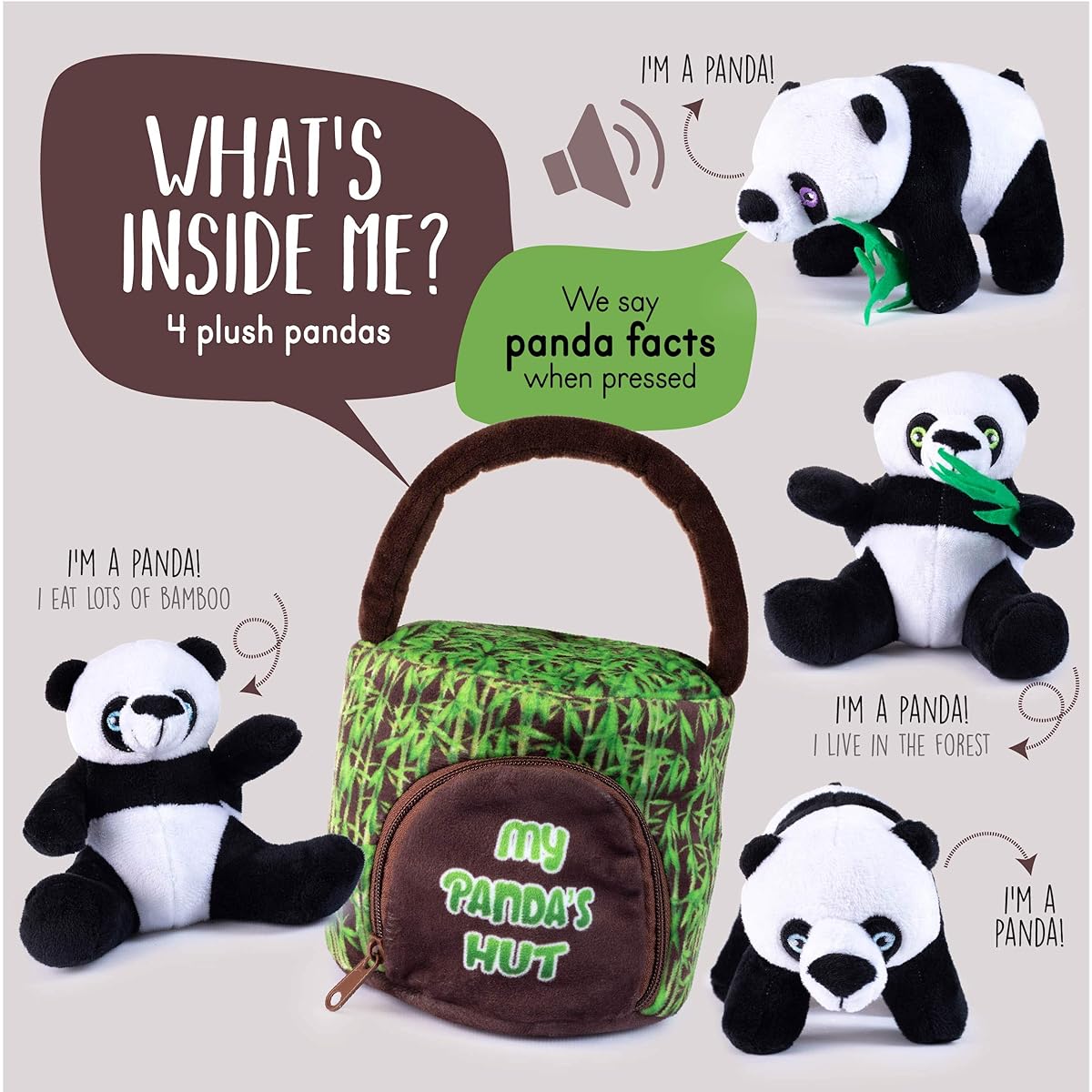My Talking Plush Panda Hut Stuffed Animal Set | Includes 4 Talking Soft Plush Pandas | Plush Panda Hat Carrier | Great Gift for Baby Toddler Boys and Girls