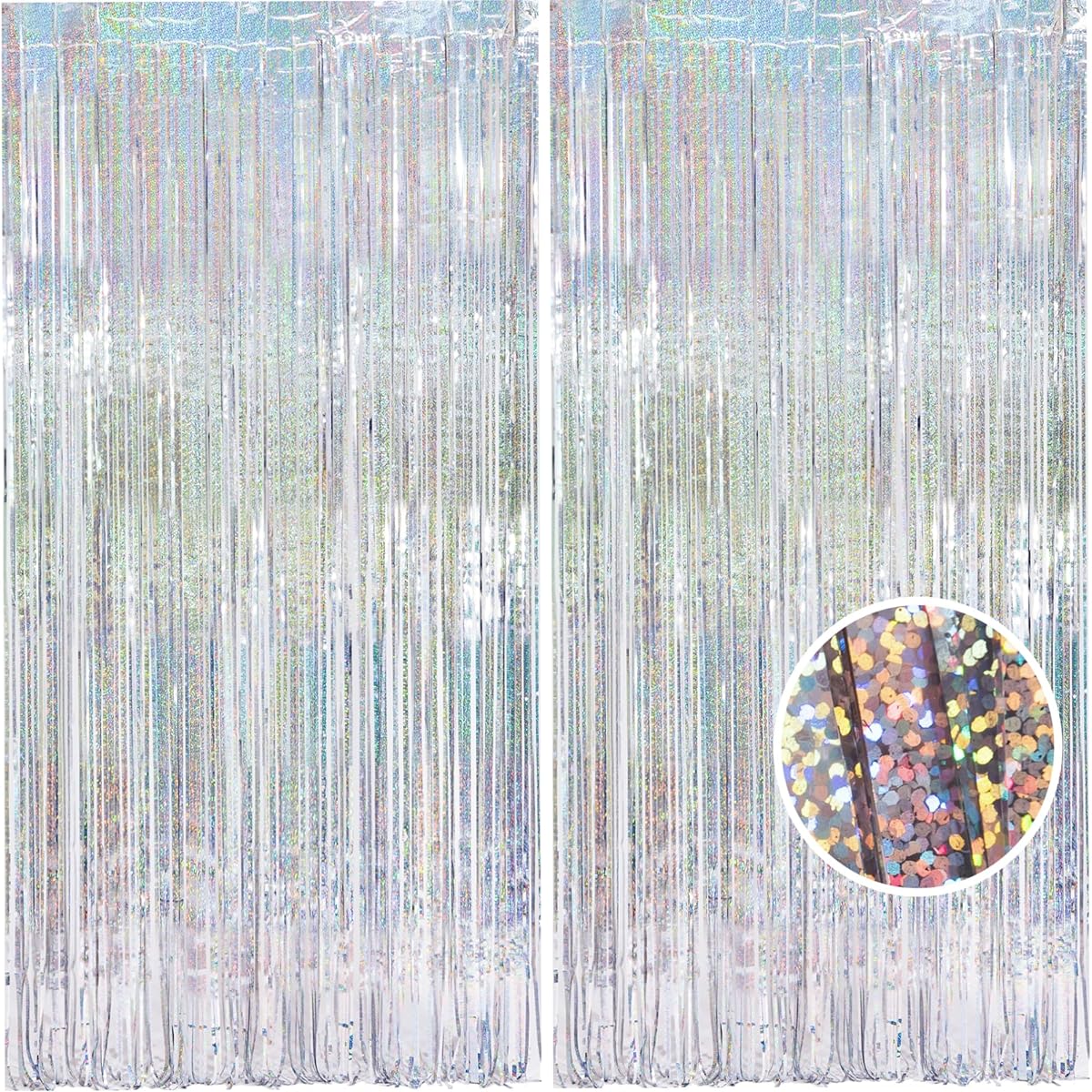 MALANKU Silver Tinsel Curtain Backdrop Party Decoration 3.3 x 8.5ft Foil Fringe Curtain Streamer Backdrop Birthday Christmas Graduation Bachelorette Frozen Disco Prom Party Decoration Set of 2