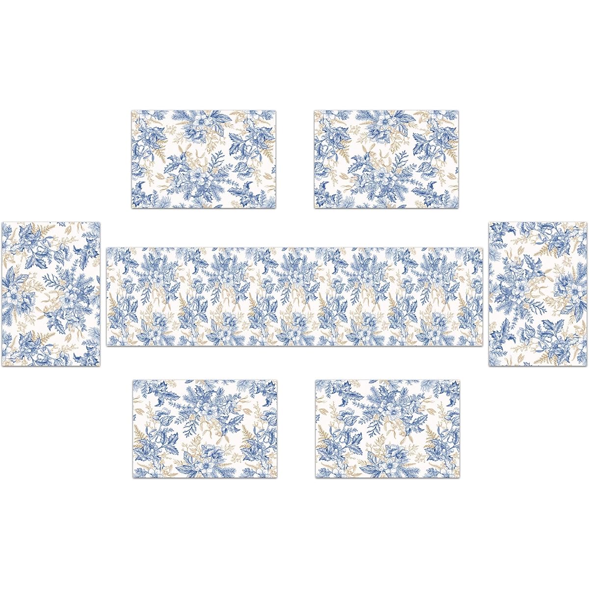 Llsty Blue Flower Table Runner Placemats Set of 6 Blue & White Porcelain Linen Burlap Placemats Cloth Dining Mat Set Floral Table Mat Set with Table Runner Washable 70" Length