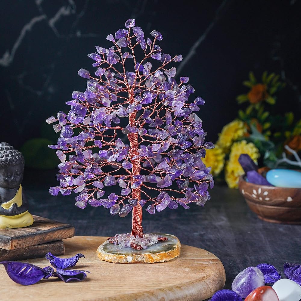 Crocon Amethyst Crystal Tree of Life - Geode Agate Slice Base, Positive Energy Chakra Tree, Handmade Gem Tree, Feng Shui Decoration - Copper Wire Money Bonsai, Healing Stone Gem, Luck, Spiritual Gift