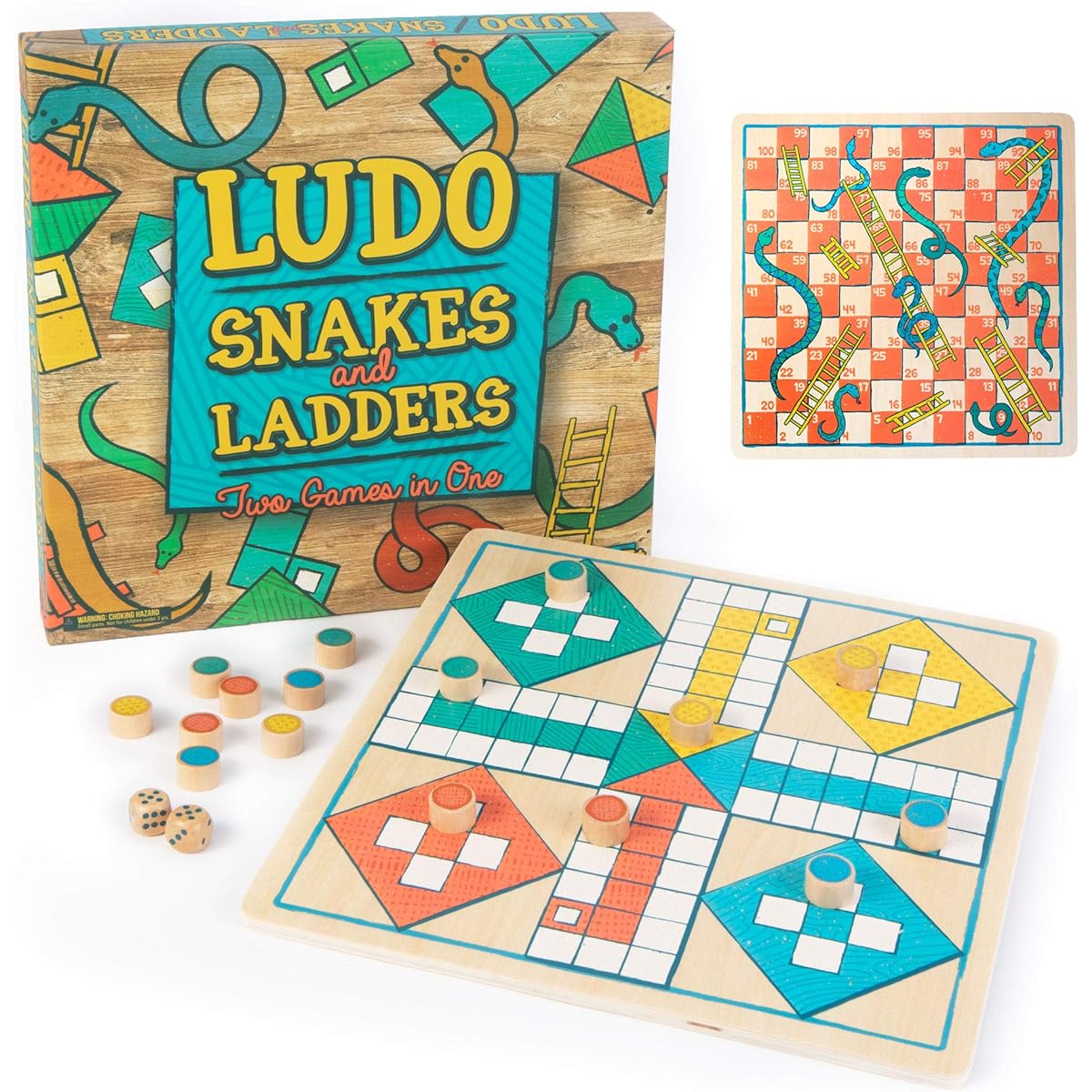Ludo + Snakes & Ladders Wooden Board Game 2 Pack - Set of 2 Games - Kids Family Pachisi Learning Dice Game for Adults & Kids - Classic 12" x 12" Double-Sided Board for 2-4 Players