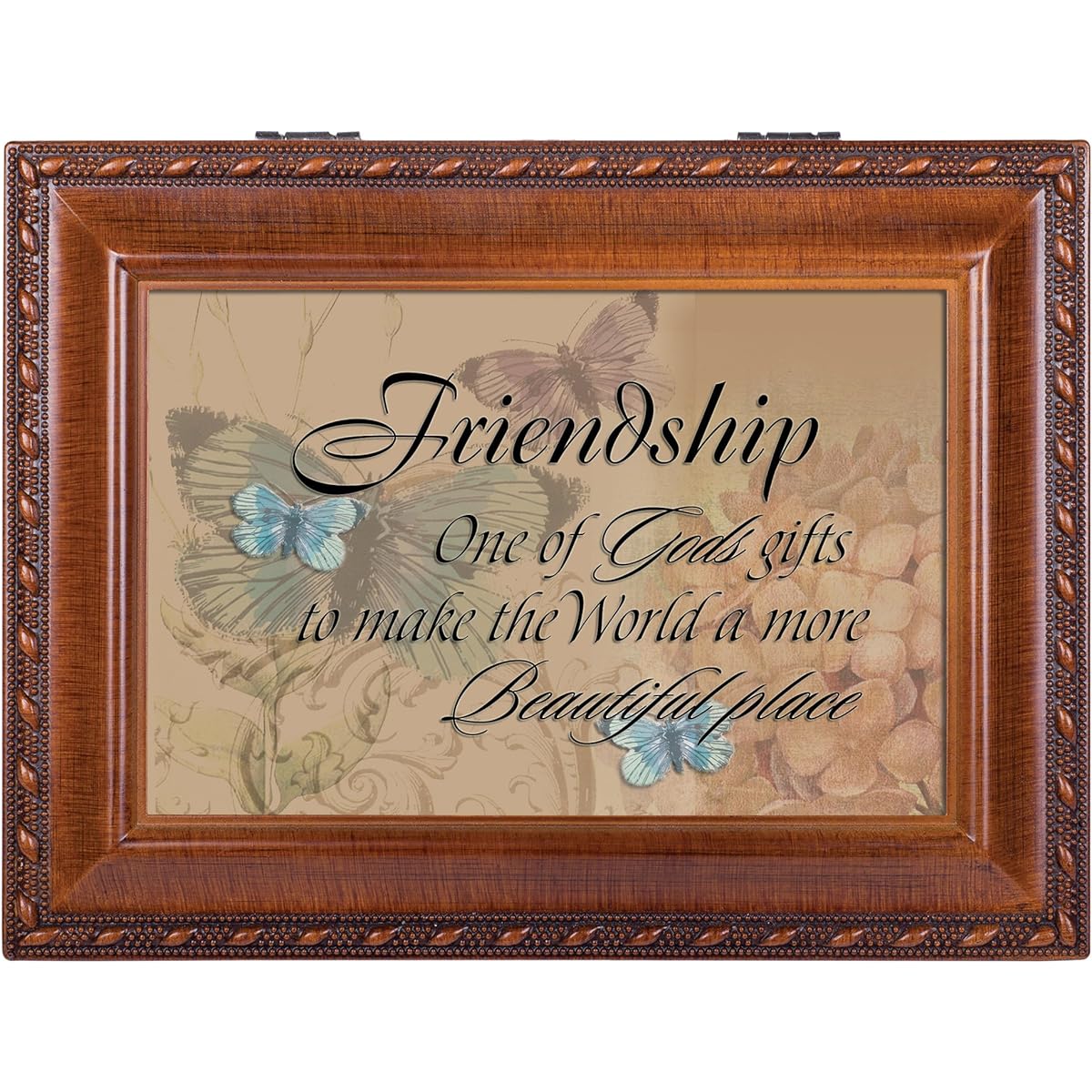 Cottage Garden Friendship Butterfly Wood Grain Rope Trim Music Box "That's What Friends are for"