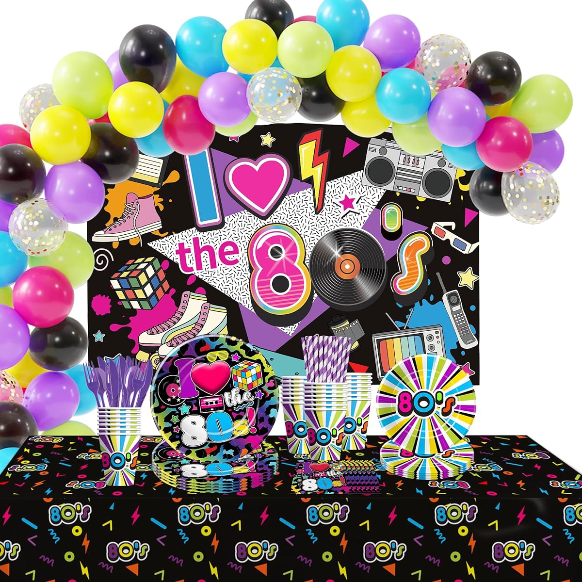 HIPVVILD 80's Party Decorations - 80's Theme Party Supplies Plates Cups Napkins Balloon Arch Backdrop Tablecloth Cutlery Straws 80's Birthday Party Decorations Tableware and Supplies Serves 24