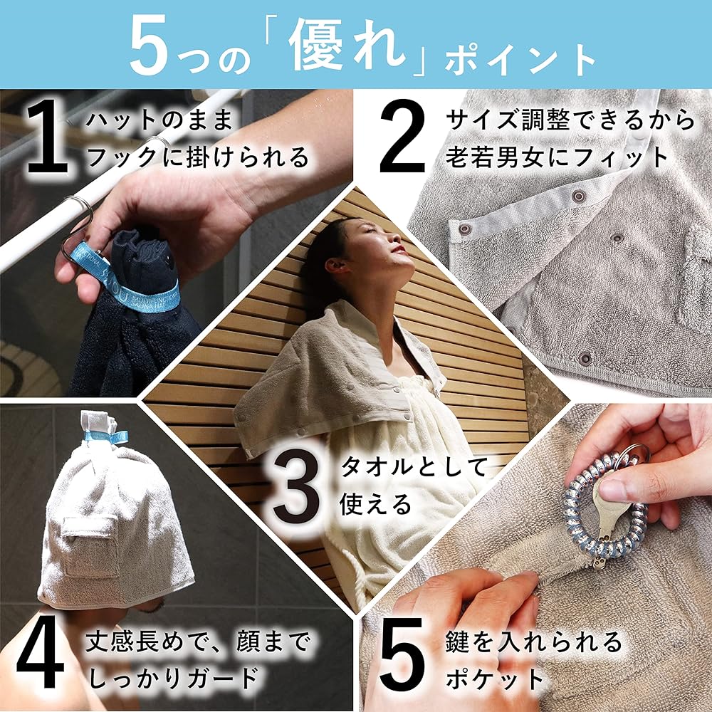 SOU by RAKUSE Sauna Hat (Washable / 2 Size Adjustments / With Pocket) Multifunctional Sauna Goods (Towel / 100% Cotton / Dark Navy) Men's Women's Large Sauna Towel