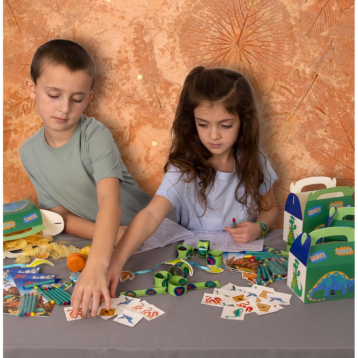 Dragon Party Favors Set - 12 boxes, 12 coloring books, 12 crayon sets, 12 slap bracelets, 144 tattoos