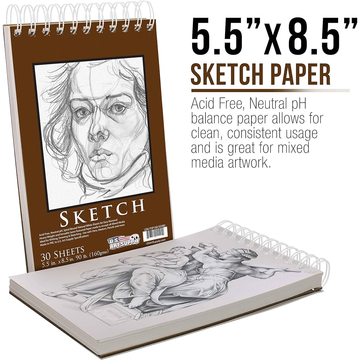 U.S. Art Supply 5.5 x 8.5 Premium Heavy-Weight Paper Spiral Bound Sketch Pad, 90 Pound (160gsm), Pad of 30-Sheets by US Art Supply