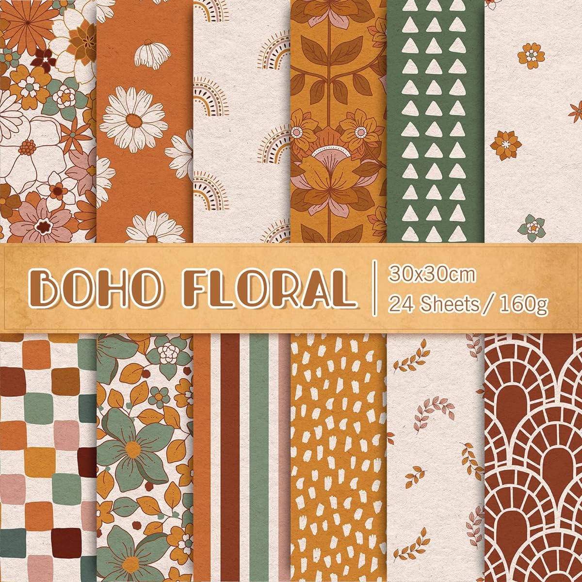 Whaline Floral Paper 24 Sheets 30x30cm Retro Boho Rainbow Double Sided Scrapbook Paper Hippie Groovy Craft Paper Fold Flat for DIY Background Card Making Photo Album Junk Journal Decoration