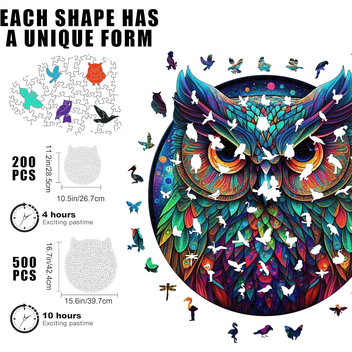 Mys Aurora Unique Wooden Jigsaw Puzzle - Cute Owl 500 Piece King Size 16.7" x 15.6" Luxury Animal Shape Wooden Puzzle Beautifully Packaged Great Gift for Adults