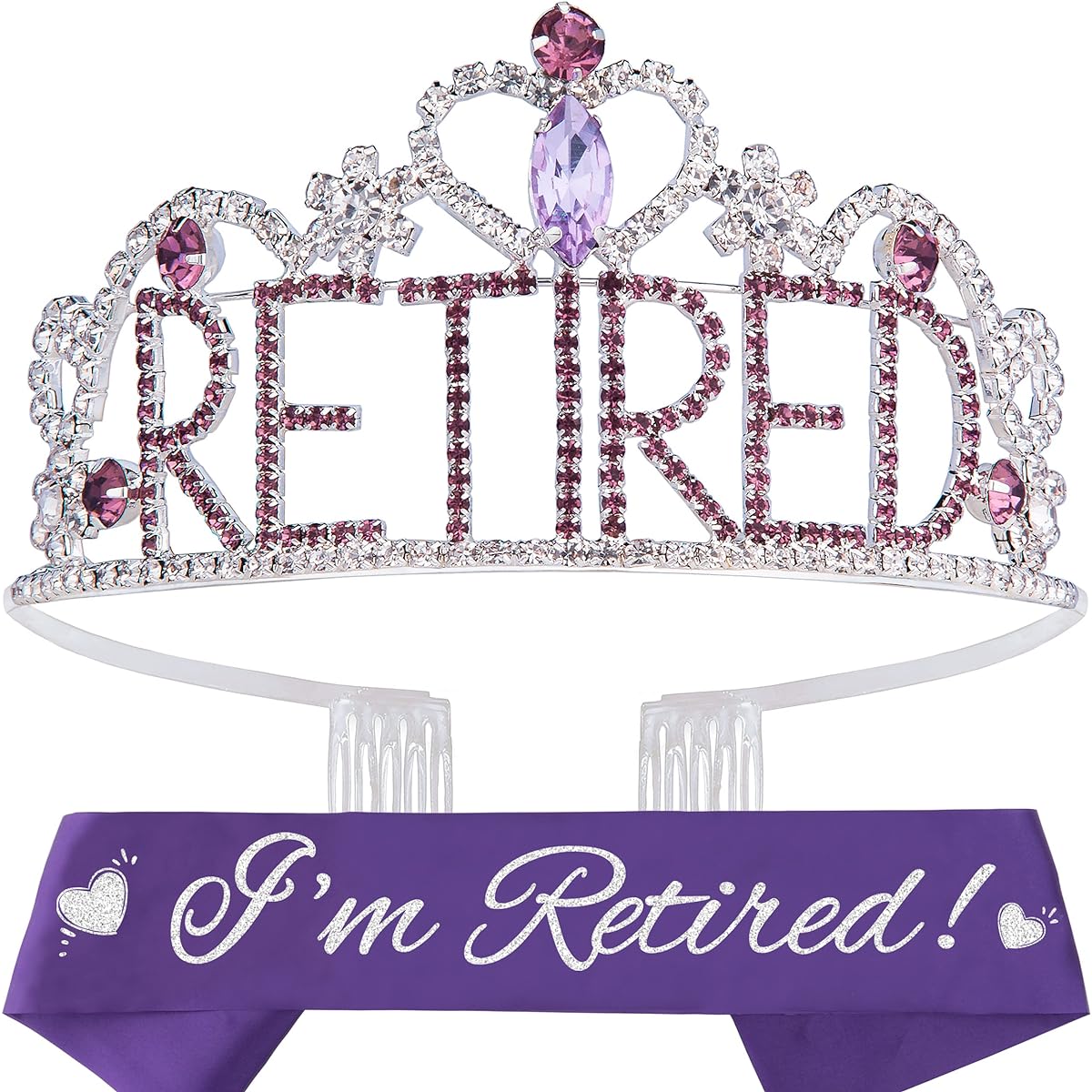 DORADREAMDEKO Retirement Party Decorations Set - Sparkly Sash + Purple Rhinestone Tiara Crown for Women, Great Gift Idea, Perfect for Christmas & Birthday!