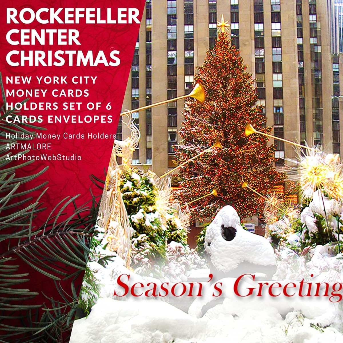 Angels at Rockefeller Center New York City Christmas Holidays 6 1/4 x 3 1/4 Inch Money Greeting Card Holder Set of 6 Cards and 6 Envelopes Unique Christmas in NYC Stationery Collection