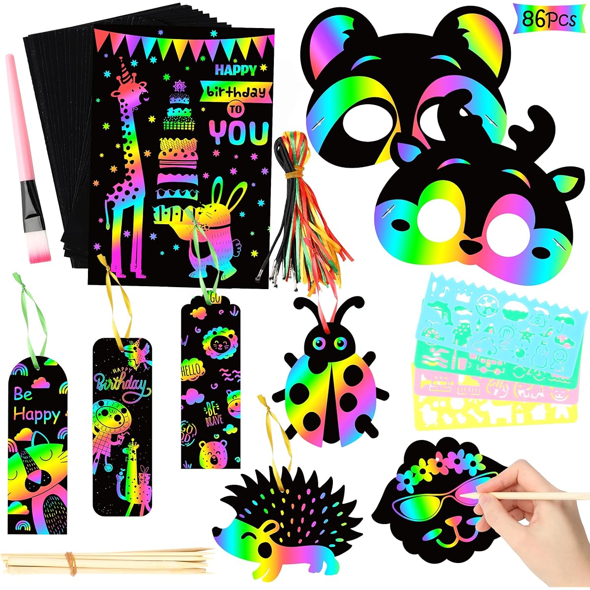 WATINC Scratch Paper Art Set for Kids, Magic Rainbow Colors DIY Art & Craft Kits, Kids Party Favors, Black Scratchboard, Bookmark, Mask Pack, Wooden Stylus, 86 Pieces Birthday Gifts for Boys/Girls