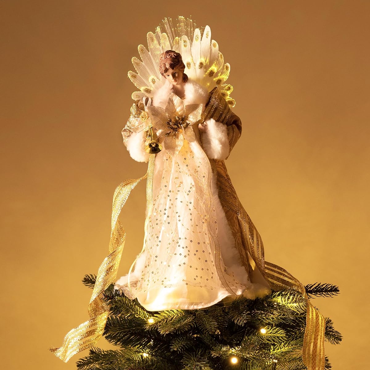 Valery Madelyn 18" Gold and White Christmas Angel Tree Topper Pre-Lighted Angel Tree Top with 10 Warm LED Lights for Christmas Tree Decorations, Battery Operated (Not Included)