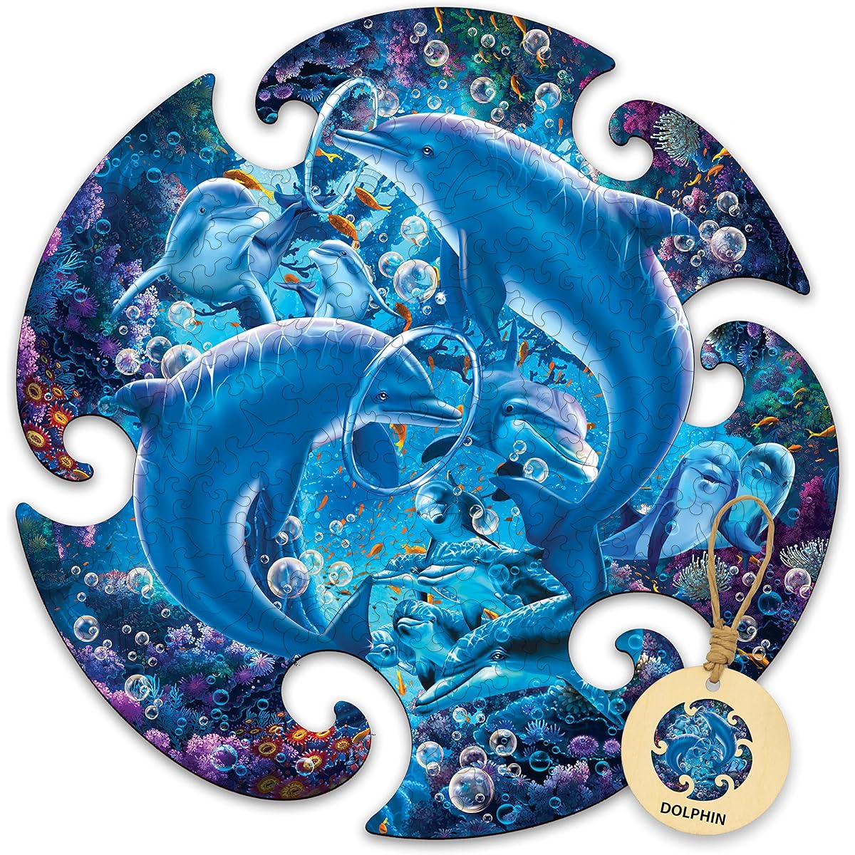 DEPLEE Wooden Puzzles for Adults - Dolphins Under the Sea Wooden Jigsaw Puzzle - Unique Shape Wooden Animal Puzzle Creative Challenge for Adults/Family/Friends | 219 Pieces – 11.6x11.5 Inch | Medium Size