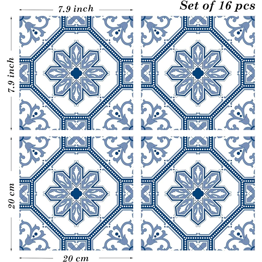 Poromoro Portuguese Spanish Azulejo Tile Stickers Peel and Stick Kitchen & Bathroom Mosaic Tile Stickers Set of 16 (7.9,29)