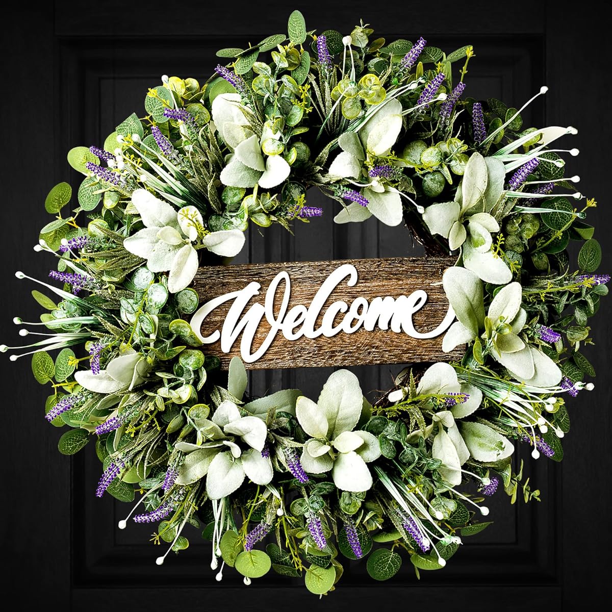 Soosubel Welcome Sign Wreath for Front Door, 20 Inch Green Eucalyptus Wreath Home Decor Lamb's Ear Wreath for Porch Wall Summer Spring