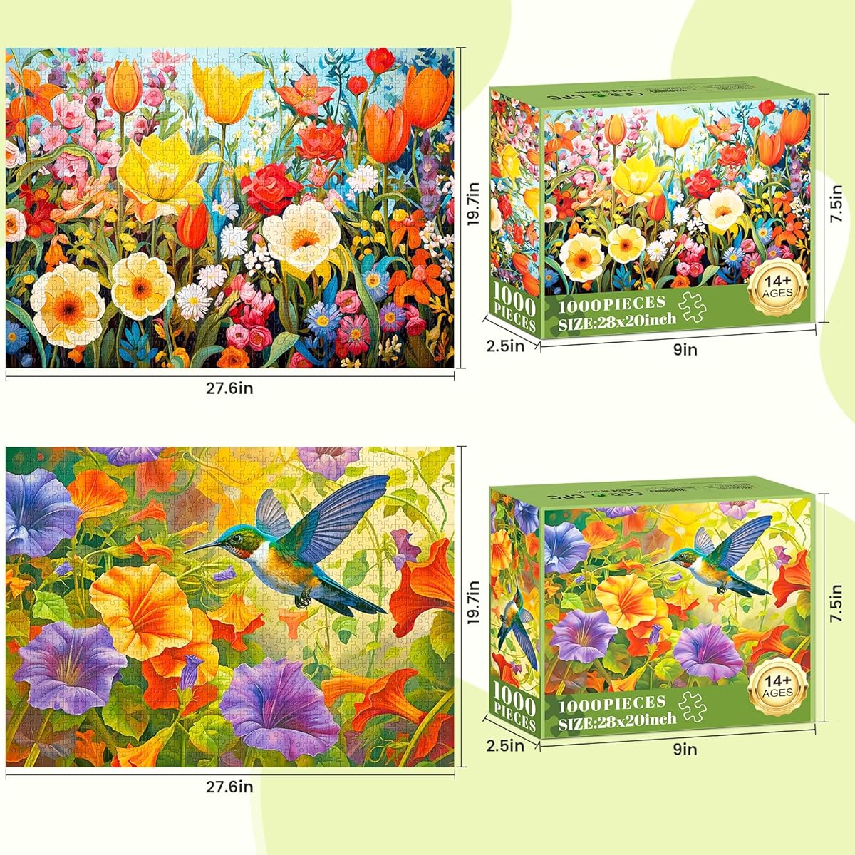 2 Pack Puzzle for Adults 1000 Pieces – 1000 Piece Hard Puzzle for Adults – Thick and Durable Hummingbird and Flower Jigsaw Puzzle Family Fun Birthday Party Favors