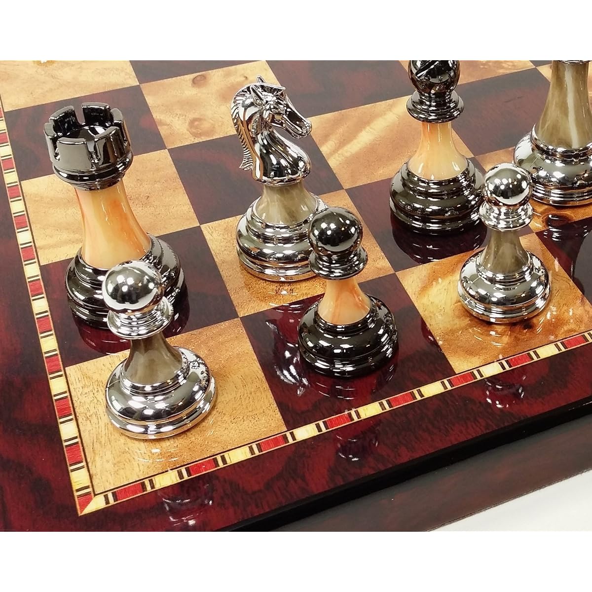 Staunton Chrome & Black Chess Men's Set W 18" Gloss Cherry Color Board