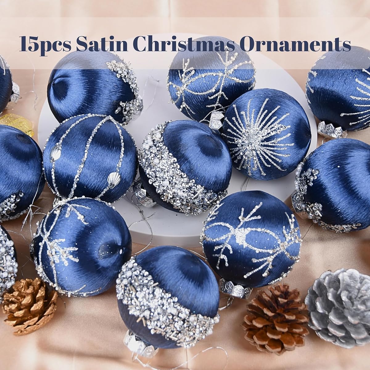 VTYEPOU Christmas Balls Navy Blue Ornaments - 15 Pack Luxury Christmas Tree Decorations Shatterproof - Satin Glitter Christmas Bulb Set 80mm 3.15"