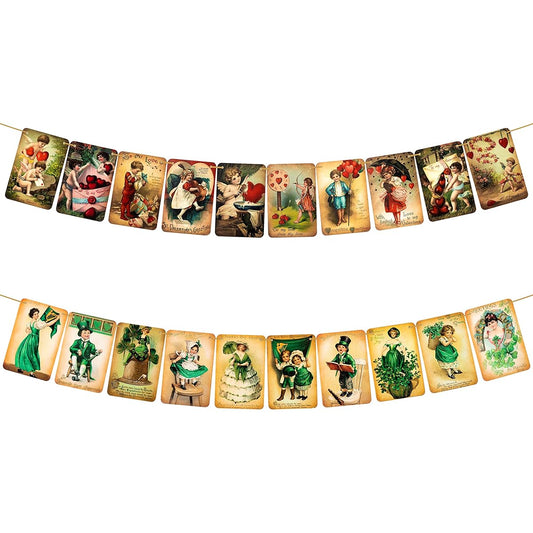 2 Vintage Style Valentine's Day St. Patrick's Day Hanging Banner Party Supplies Hanging Garland Ornament Cupid Clover Decoration Valentine Irish Day Sign Holiday Party Home Wall Window Decoration