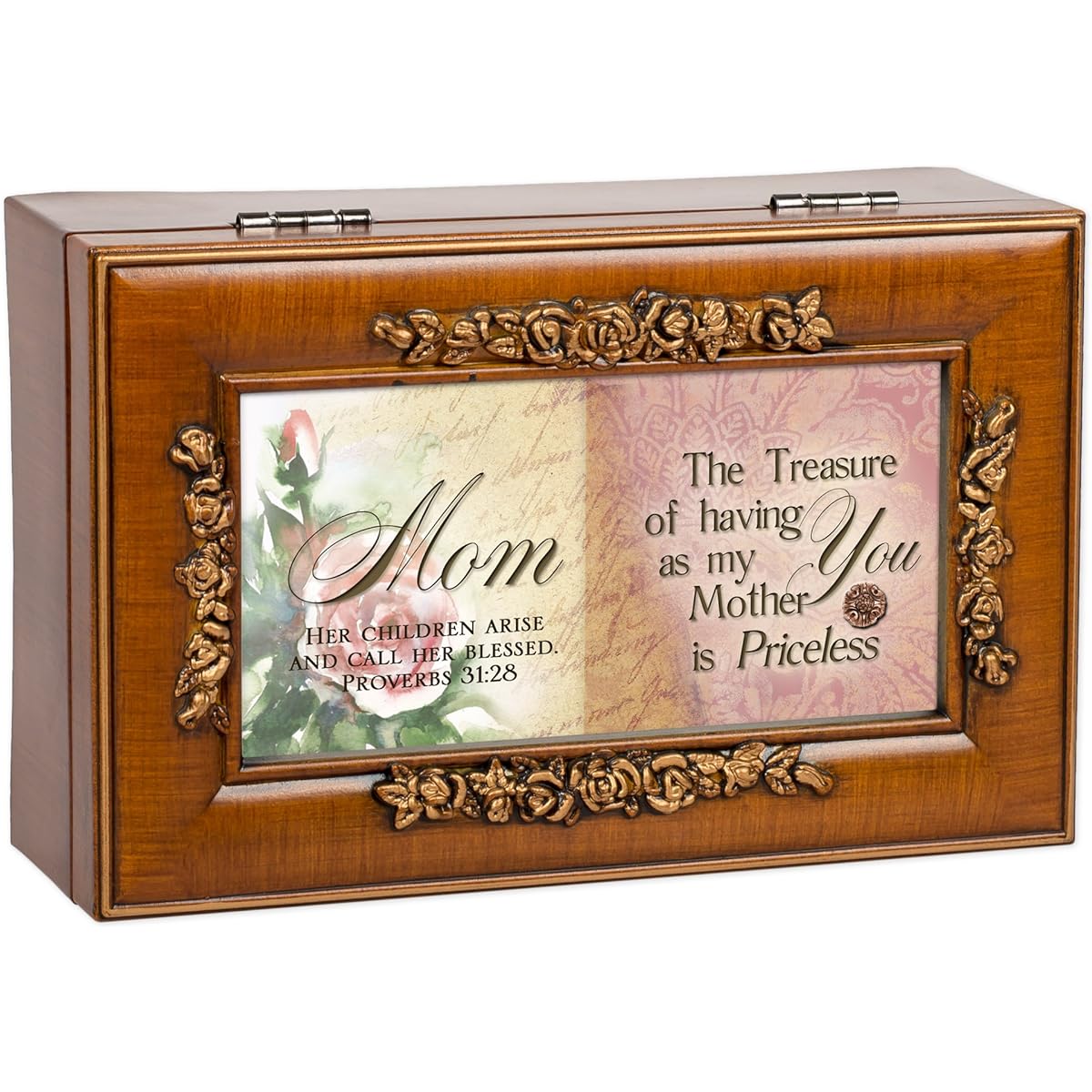 Cottage Garden Mom Woodgrain Petite Rose Music Box / Jewellery Box Plays Amazing Grace