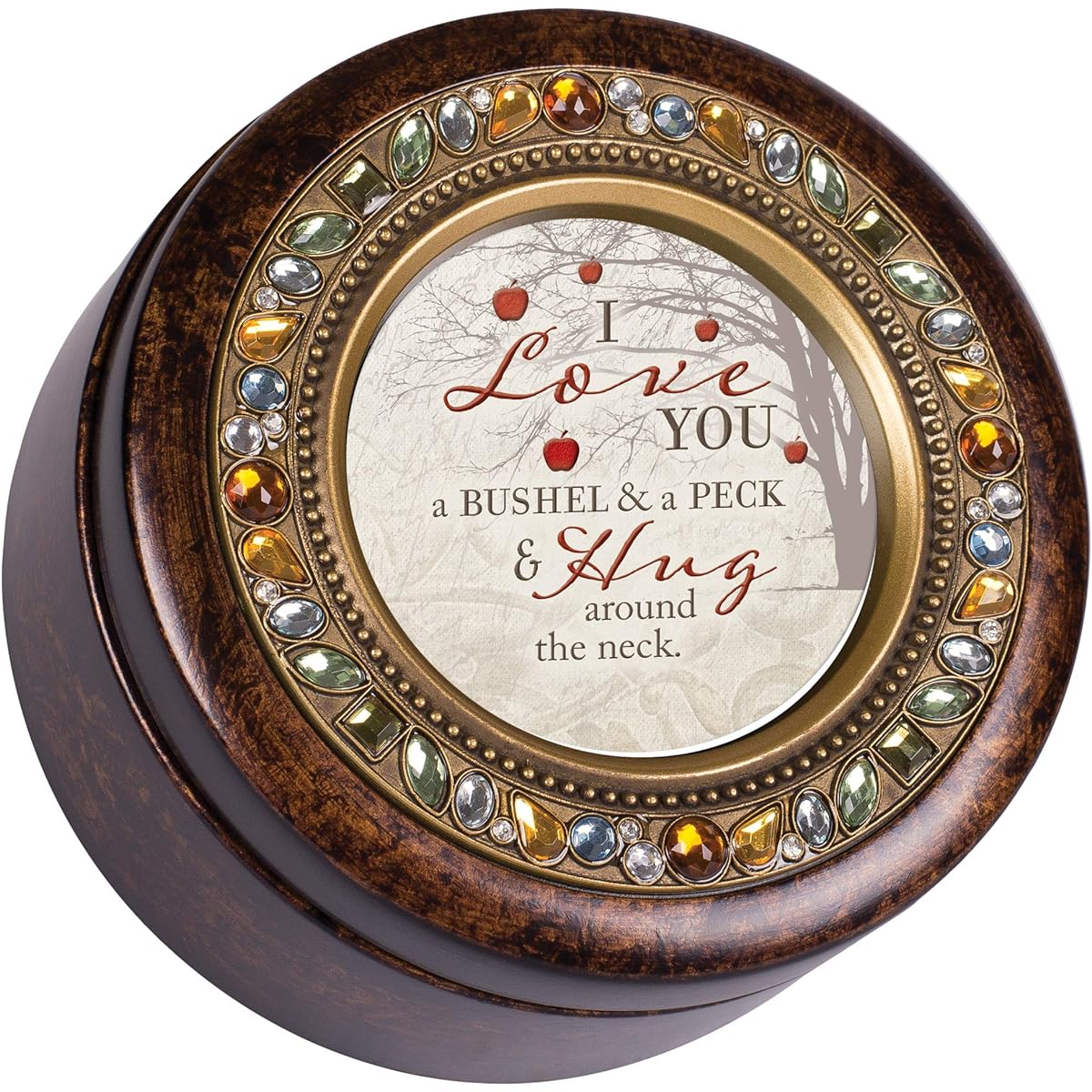 Cottage Garden Love You A Bushel Peck Hug Amber Earth Tone Jeweled Round Music Box The Wind Beneath My Wings.
