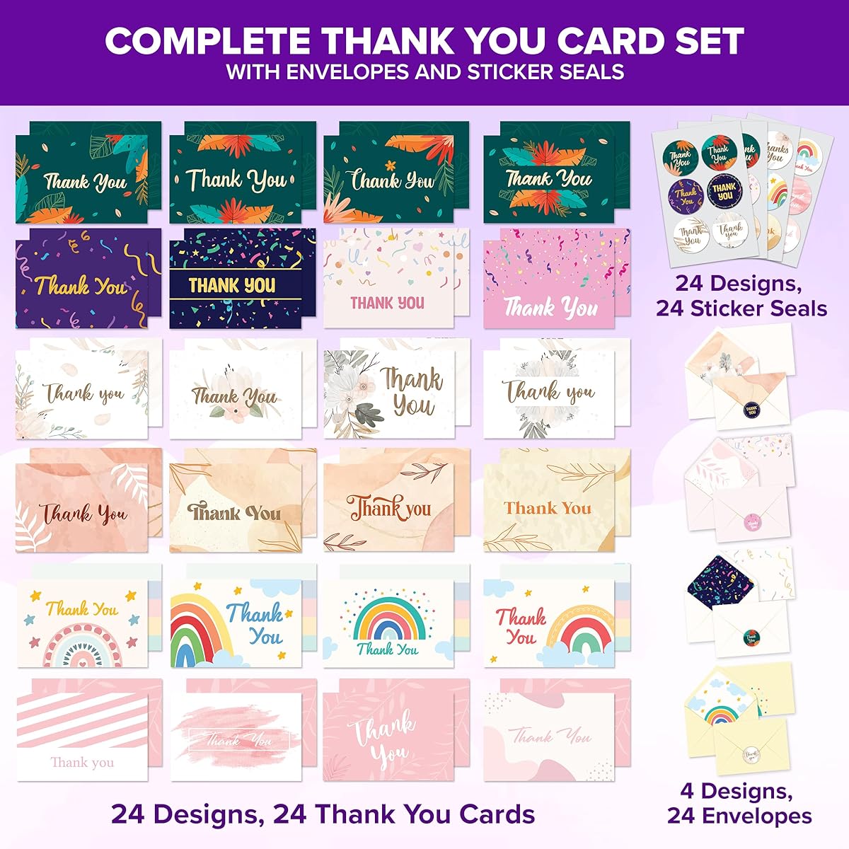 24 Assorted Thank You Cards with Envelopes & Stickers, 24 Unique Designs Thank You Cards Variety, 6x4in Thank You Cards Assorted, Blank Thank You Cards with Envelopes and Sticker, Thankful Note Cards