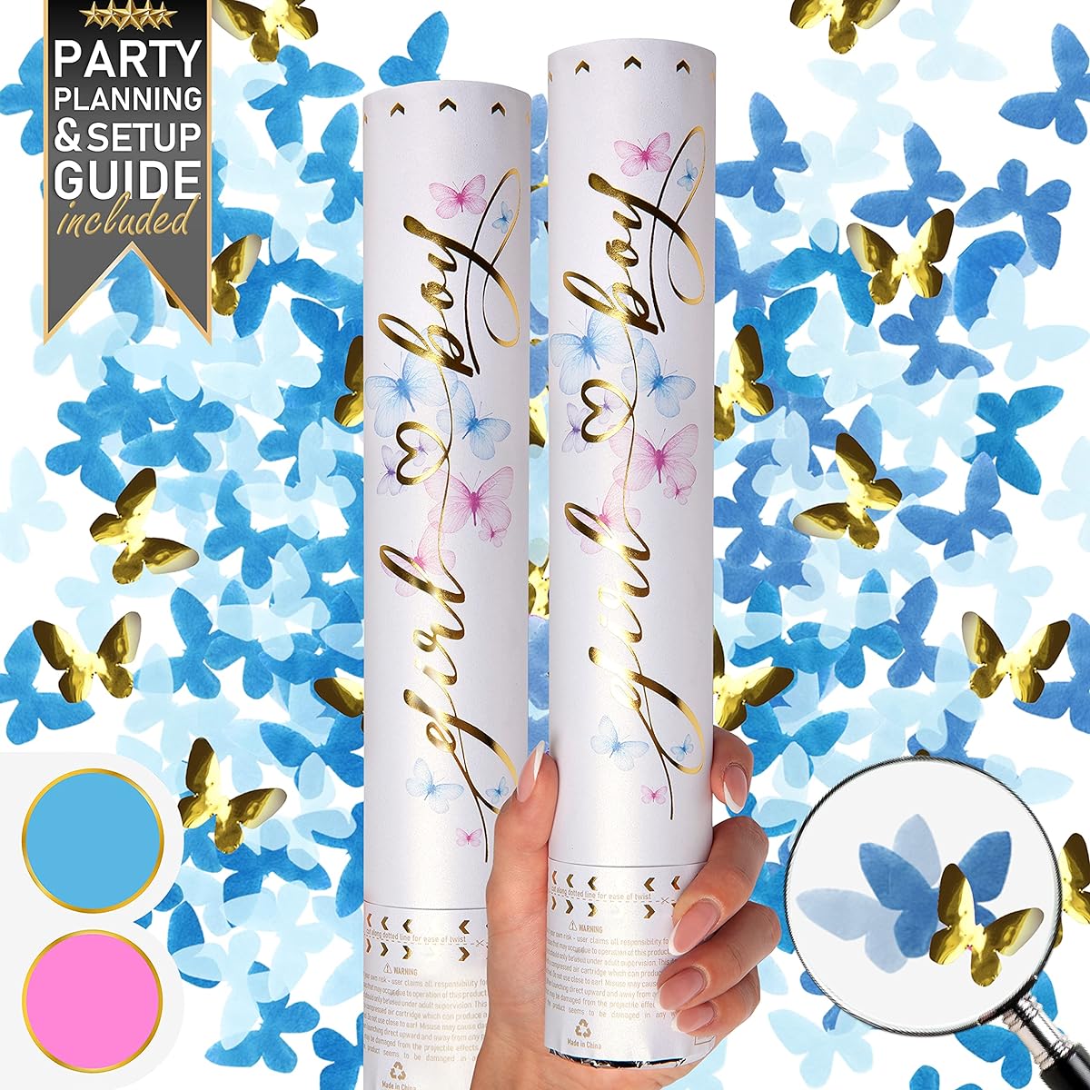Gender Reveal Confetti Cannon - 2 Pack - Blue Butterfly Shaped Gender Reveal Cannon | Baby Gender Reveal Popper | Boys Gender Reveal Blue Party Popper Confetti Shooter | Blue Confetti Poppers Blaster