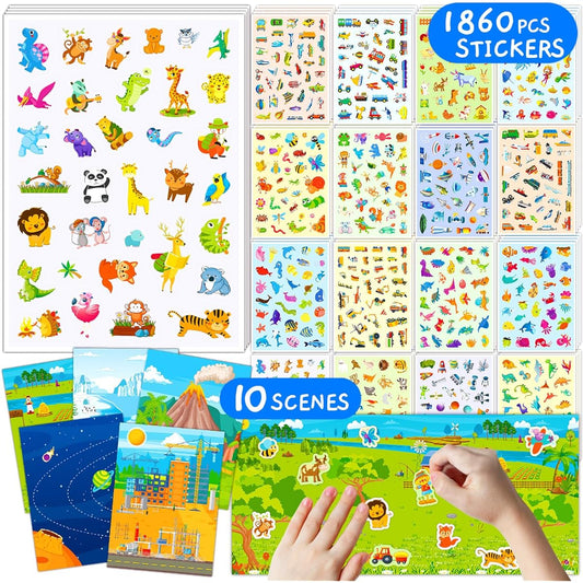 1860pcs Kids Stickers Bulk 54pcs Cute Stickers with 5pcs DIY Scene Boards for Kids Small Animal Sticker Pack Collection for Toddlers Teachers Parents Small Ocean Farm Animals Bugs Scrapbook Gift