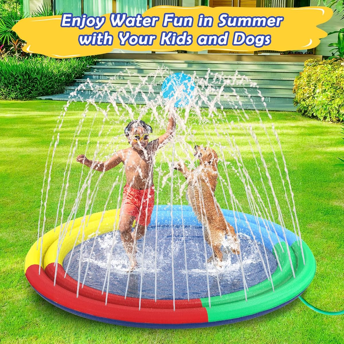 Docuwee Splash Sprinkler Pad with Flying Disc for Dogs 67" Thick Anti-Slip Dog Pool Bathtub Pet Outdoor Summer Fun Water Play Toy for Dogs