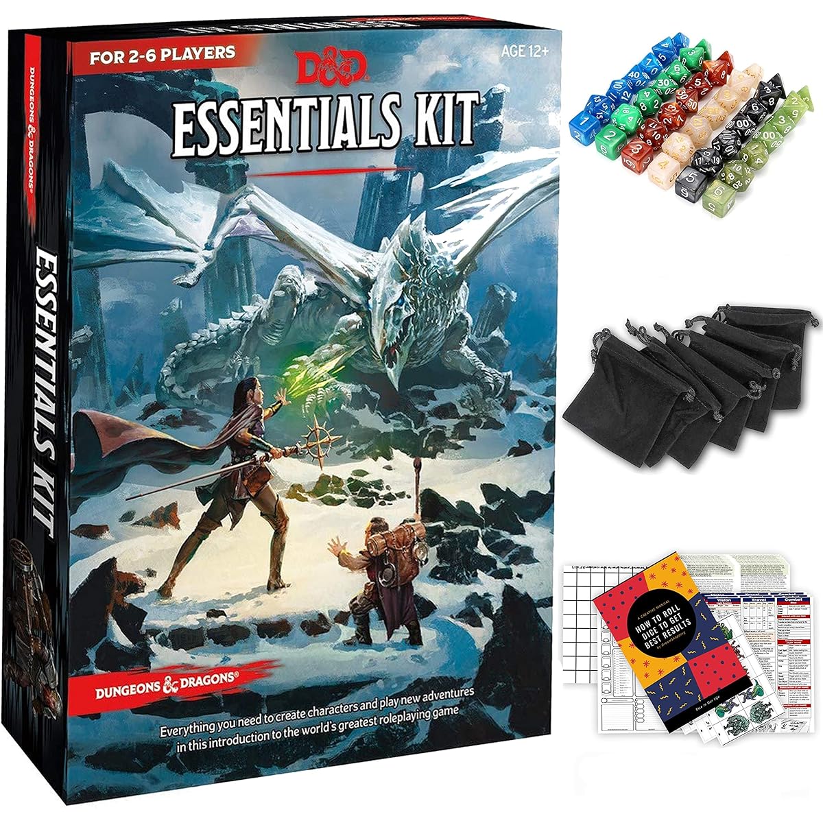 Dungeons & Dragons Essentials Kit 5th Edition with Complete Starter Pack - 6 D&D Dice Set, Black Bag and DND Beginner Printables