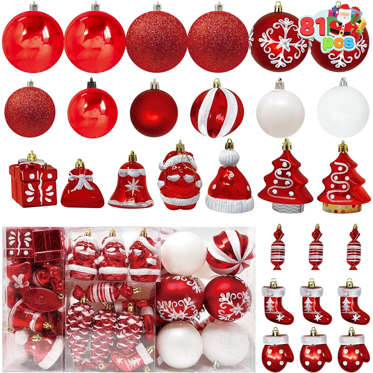 Joiedomi Christmas Ball Ornaments Set, 81 Pieces Deluxe Shatterproof Christmas Ornaments for Holidays, Party Decorations, Tree Ornaments for Special Events (Red & White)