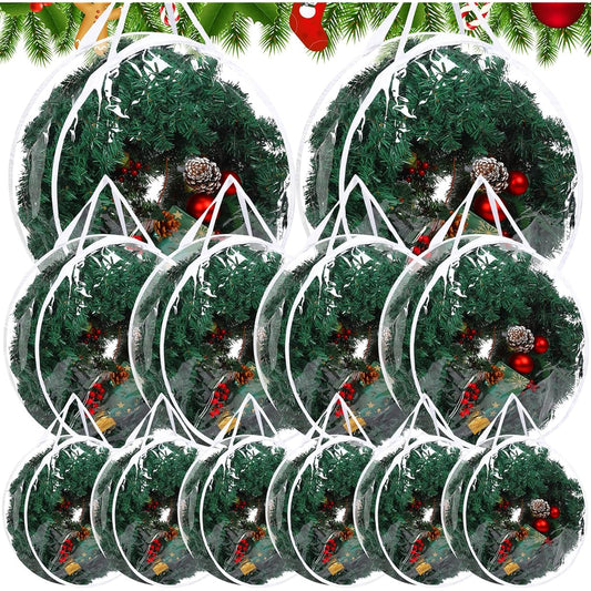 Wesnoy Christmas Wreath Storage Containers, 12PCS Xmas Clear Wreath Storage Bags Holiday Wreath Holder Plastic Wreath Box with Zipper and Reinforced Handles for Seasonal Garlands, 3 Sizes (Clear)