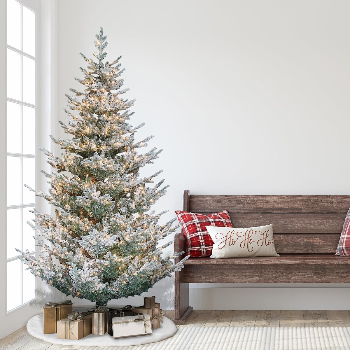 Puleo International Pre-Lit 7.5 ft. Flocked Hillside Spruce Artificial Christmas Tree, Green