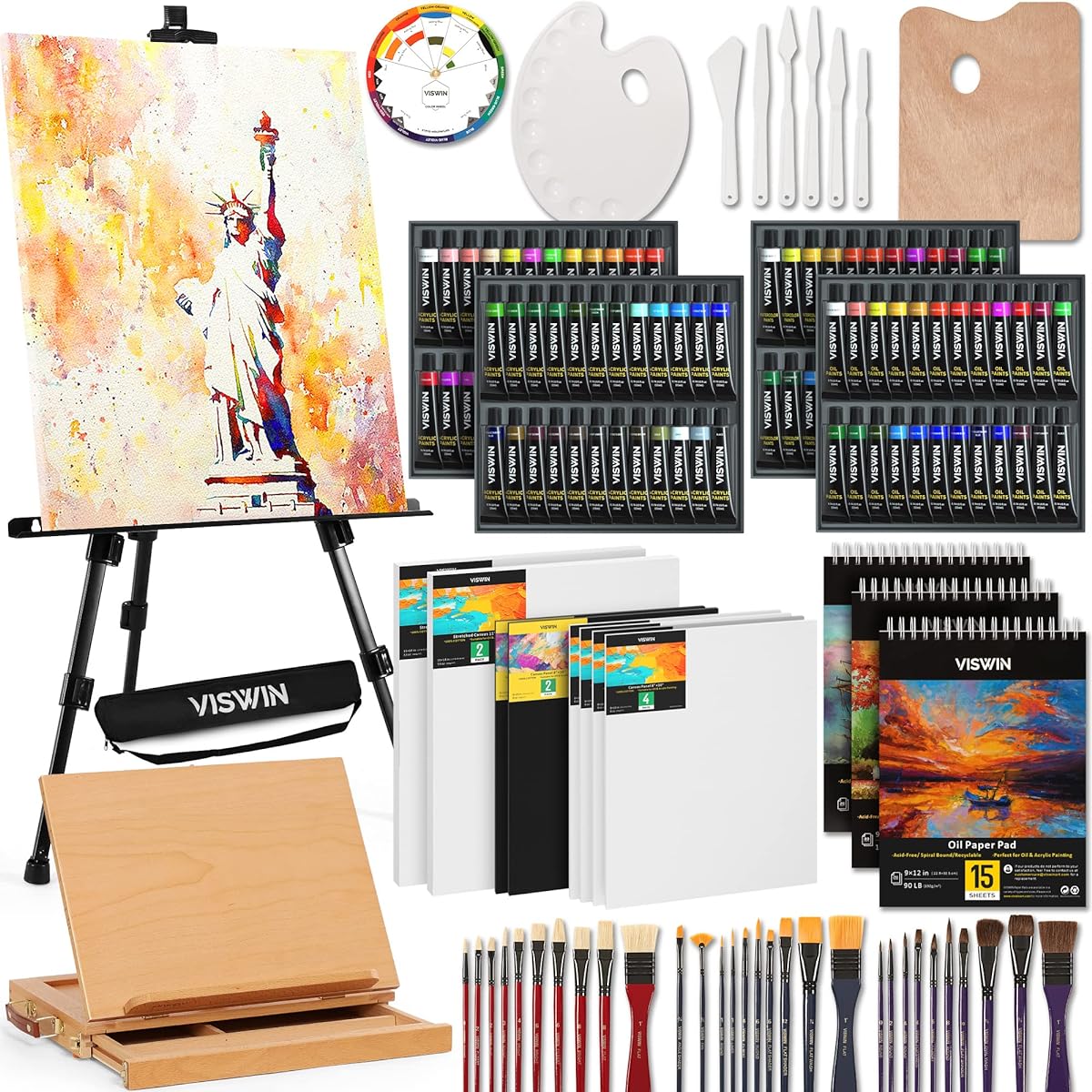 VISWIN 148 Piece Super Deluxe Painting Set with Aluminum & Wooden Easel, 96 Pieces Acrylic, Watercolor & Oil Painting Set, 8 Canvases, 30 Brushes, Paint Kit with Complete Art Supplies for Adults, Artists and Beginners