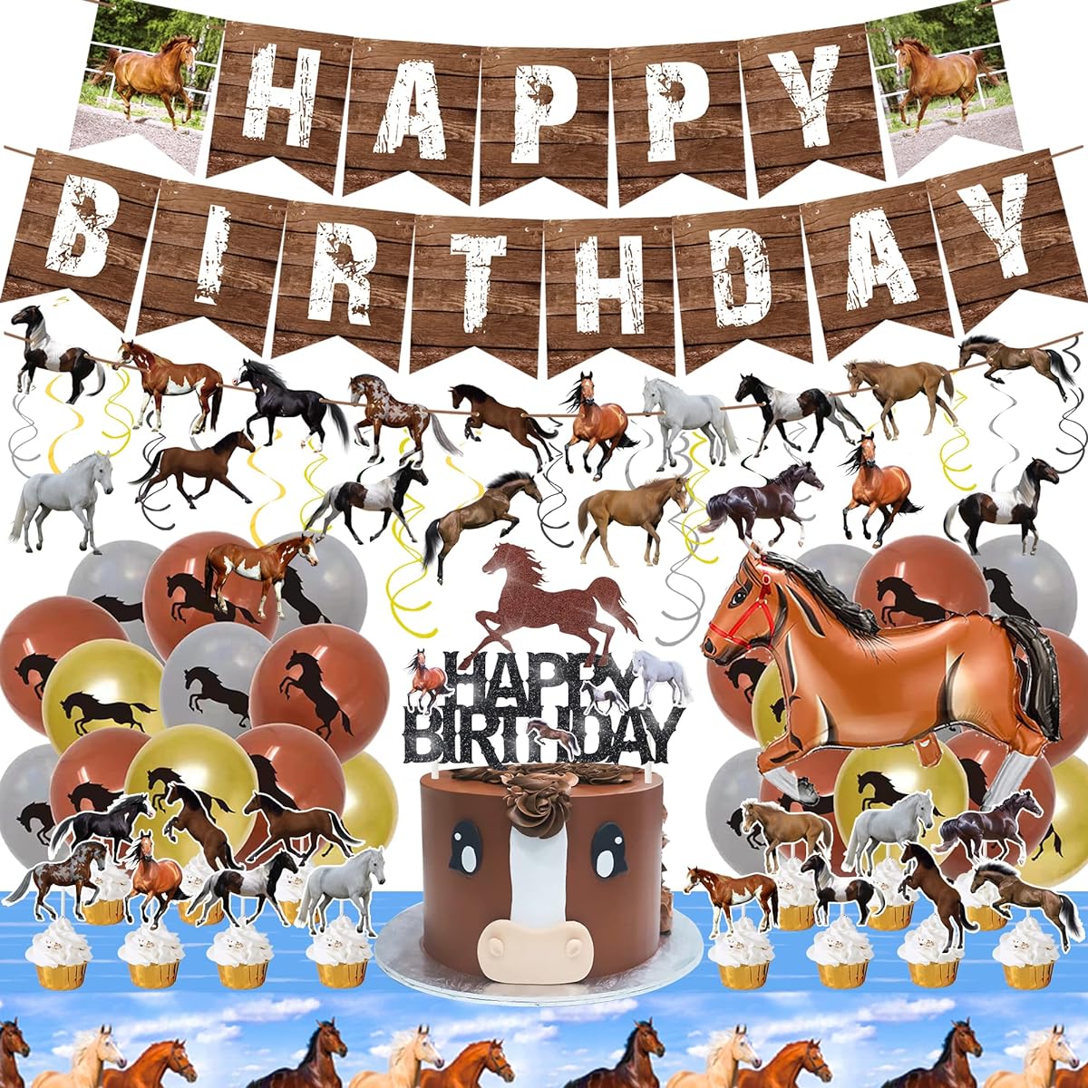 56pcs Horse Birthday Party Decorations Horse Theme Happy Birthday Banner Hanging Swirl Foil Latex Balloons Cake Cupcake Topper Tablecloth Horse Party Supplies