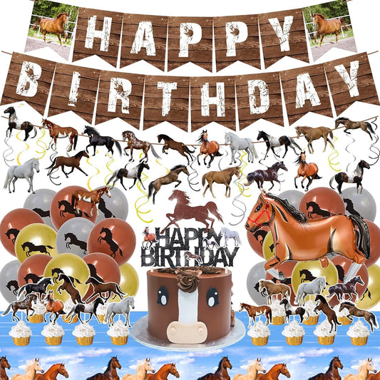 56pcs Horse Birthday Party Decorations Horse Theme Happy Birthday Banner Hanging Swirl Foil Latex Balloons Cake Cupcake Topper Tablecloth Horse Party Supplies